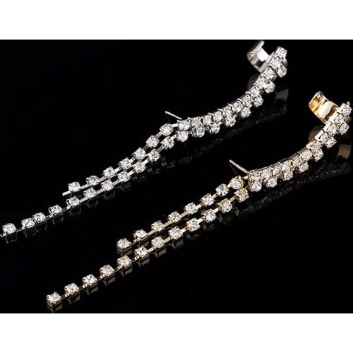 1pcs Fashion Tassel Ear Cuff Earring Jewelry Full Rhinestone Crystal Link Chain Tassels Clip Earrings Women girls Wedding Gifts