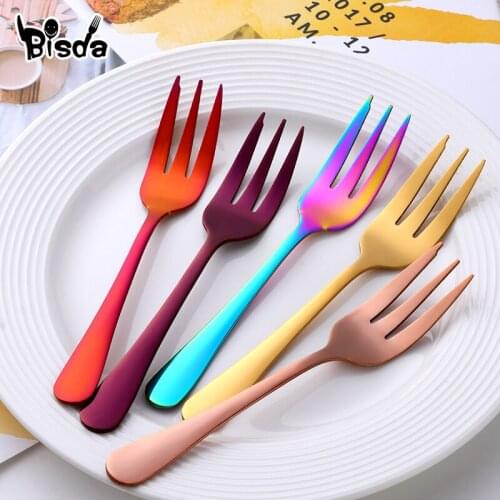 1Pc Cake Fork Stainless Steel Fruit Forks Salad Tableware Small Rainbow Fork Useful Dessert Fork for Snack Dinnerware Party Tool