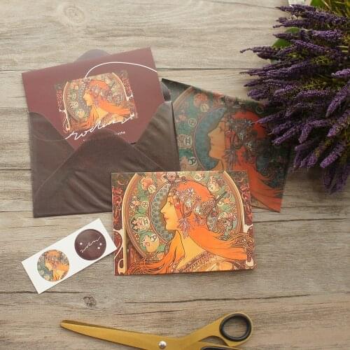 2 Envelopes 2 Card Sticker Set Long Haired Goddess Oil Painting Design Envelop Message Card Invitation Envelop Transparent Paper