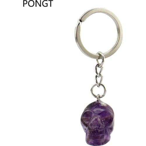 2017 fashion natural stone keychain Hand carved Healing crystal Skull head Bag Keychain purple crystal Tiger Eye jewelry