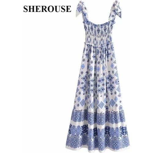 2021 Women Fashion Blue And White Porcelain Printed Midi Dress Straight Neck Straps Vintage Female Dresses Vestidos Mujer