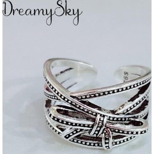 DreamySky New Trendy Silver Color Large Bow Rings For Women Men Boho Vintage Jewelry Adjustable Size Finger Rings