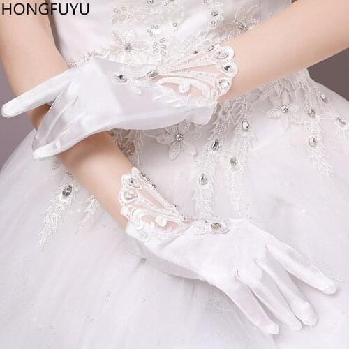 HONGFUYU Elegant One Size Bridal Gloves Lace-Studded Bridal Wedding Dress Gloves Satin Short Finger Gloves for Special Occasion