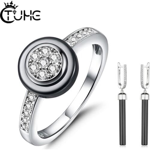 Elegant Ceramic Jewelry Set Micro Pave Crystal Round Ceramic Ring Long Drop Ceramic Earrings Classic Black White Fashion Jewelry