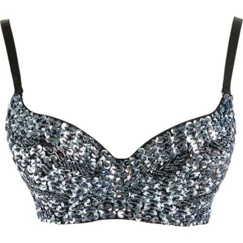 Europe Brand Sexy Clubwear Bralet Silver Sequined Brassiere Push Up Three Quarter Cup Beaded Bra Women Sexy Underwear Lingerie