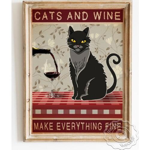 Humor Spoof Love Cats Quotations Poster, Cool Black Cat Drinking Wine Canvas Painting, Funny Wall Stickers Gift, Club Home Decor