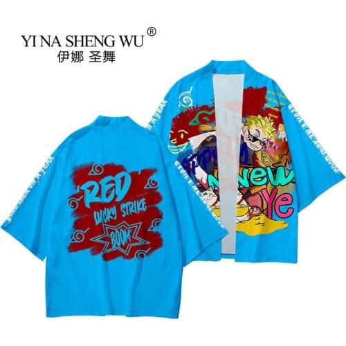 Men Chinese New Style Harajuku Blue Amine Cardigan Kimono Japanese Printed Clothes Pants Beach Jacket Japanese Kimono Streetwear