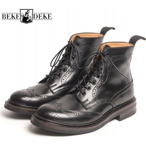Fashion Mens Wing Tip Brogue Work Safety Cargo Shoes Male Vintage Lace Up High Top Cowhide Real Leather Motorcycle Ankle Boots