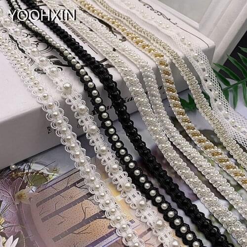 Fashion pearl beads embroidery DIY lace collar Fabric Sewing ribbon trim Applique neckline craft Wedding dress cloth decor
