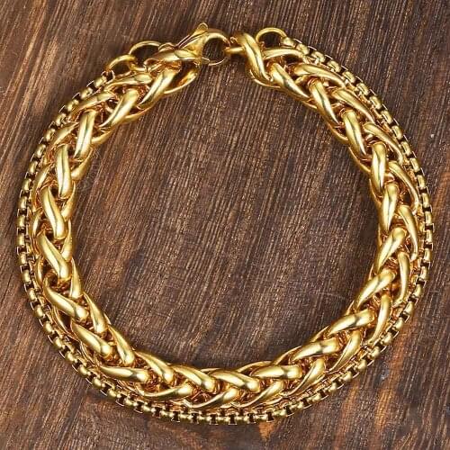 Davieslee Male Bracelet for Men Curb Cuban Box Wheat Link Chain Double Layer Stainless Steel Mens Bracelet Gift Jewelry DDBM01