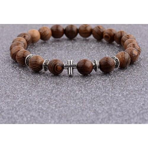 DOUVEI Hot Wooden Beads Bracelet for Men 8mm Natural Buddha wood bracelets Alloy Beaded Strand Wrist Band Male Bracelet 2018