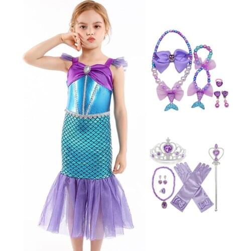 Little Mermaid Princess Cosplay Dress Girl Halloween Fancy Costume Children Carnival Birthday Party Dresses Summer Fish Dress Up