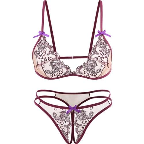 Sexy Perspective Lace Embroidery Thin Patterns Non-Steel Bracket Deep V Gathering Erotic Womens Underwear Bra Set Open Crotch