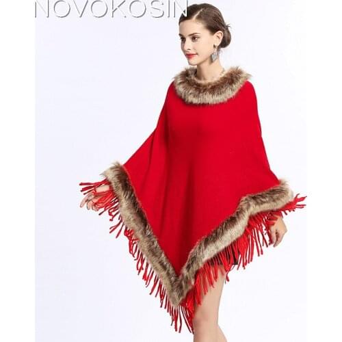 SC134 Women Capes Printed Poncho 2018 Winter Faux Fox Fur Shawl Knitted Triangle Tassel Sweater Plus Size Pullover Coat Fur Neck