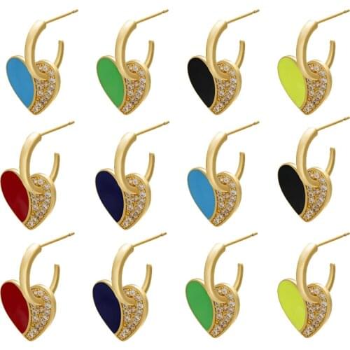 ZHUKOU 1 pair Exquisite 17x22mm CZ Crystal colorful heart Enamel hoop Earring with ear backs for women stud Earring model:VE245