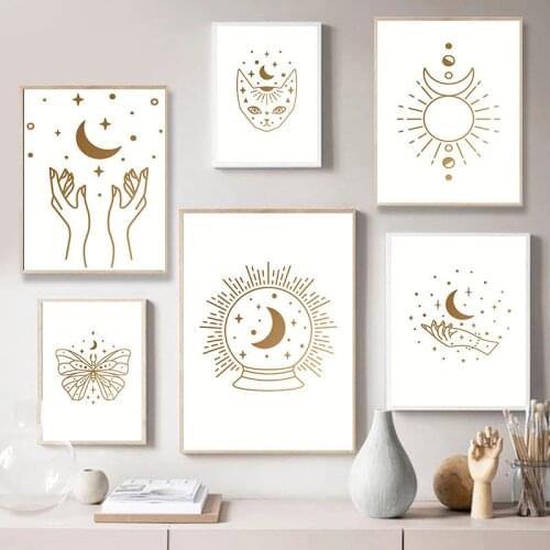 Modern Art Picture Home Decor Wall Art Self-adhesive Wallpapers Cartoon Moon Sun Posters Prints for Living Room Design