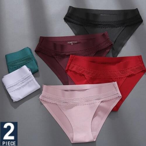 FINETOO 2PCS/Set Woman Lace Sexy Panties Ice Silk Women Underwear Seamless Low-Rise Lingerie Female Breathable Girls Panty 2021