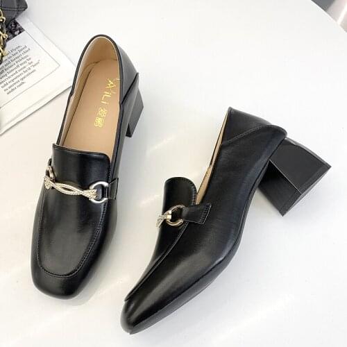 New Women Pumps Lolita Mary Jane Shoes For Woman Spring Thick Mid Heels Ladies Loafers Vintage Soft Slip On Chain Oxford Shoes