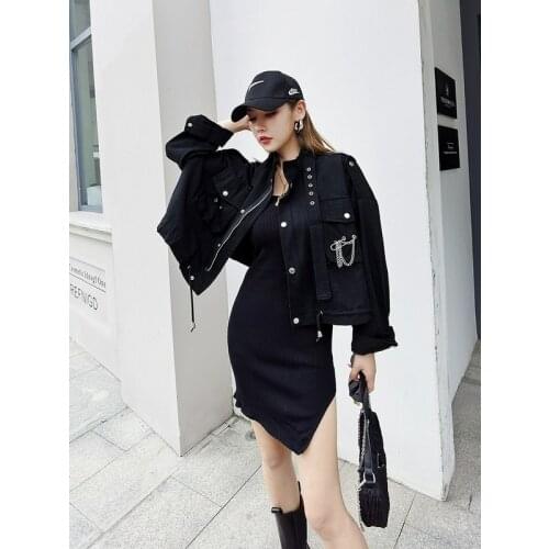 Street Fashion Pin Chain Short Motorcycle Jacket Women Loose Casual Single-breasted Lace-up Black Coat Spring Clothes