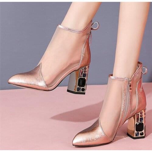 Party Pumps Women Cow Leather Pointed Toe Summer Ankle Boots Rhinestone Sandals High Heels Wedding Shoes 35 36 37 38 39 40 41 42