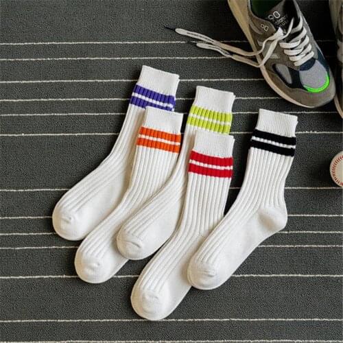Japanese Chaopai Stripes Fashion Wear Two Bar Medium Socks Thick Needle Embroidery Colour Cotton Socks