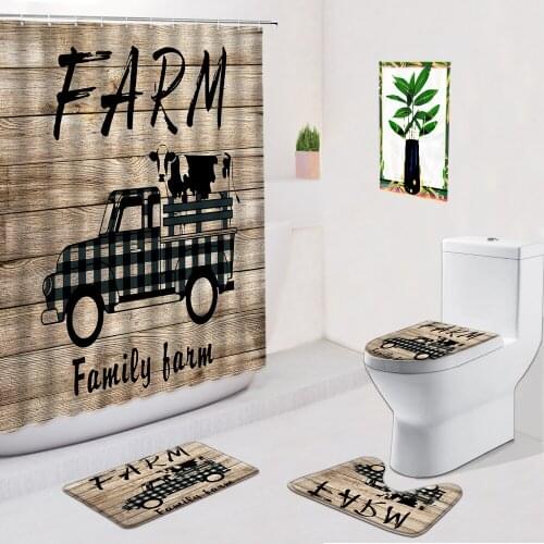 Farm Bathroom Set Wood Grain Cow Shower Curtains Rural Scenery Flannel Non-Slip Carpet Bath Mats Foot Pad Toilet Cover Cushion