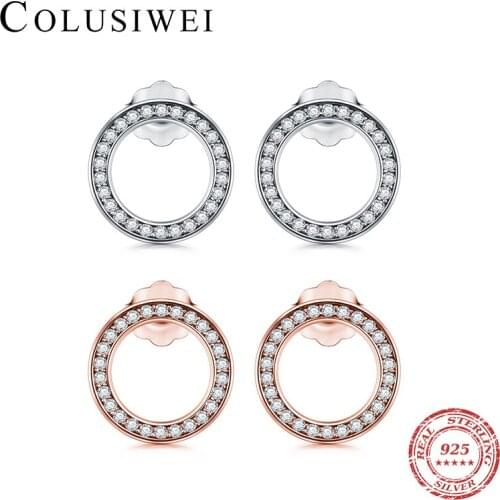 COLUSIWEI Vintage Clear CZ 925 Sterling Silver Circle Stud Earrings for Women Noble Ear Pin Fashion Wedding Statement Jewelry