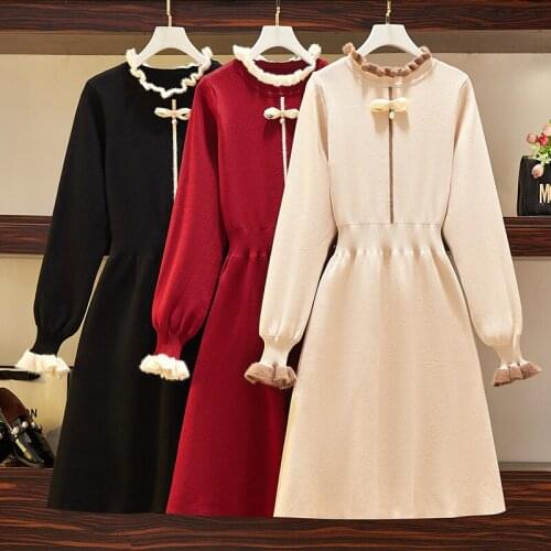 EHQAXIN Plus Size Womens Knitted Dresses 2021 Autumn Winter All-Match Sweet Bow Beaded Wooden Ear Sweater Mid-Length Dress L-4XL