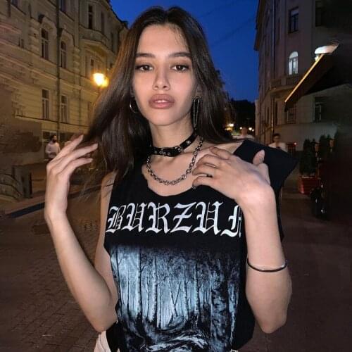 Y2K Gothic Dark Design Personality Letter Print Vest Mall Goth Grunge O Neck Tshirt Women 2021 Sexy Sleeveless Summer Tops