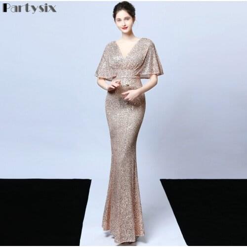 Partysix Sexy Sequin Evening Dress Short Sleeves Vestidos De Fiesta Gold dress gowns for Women Party dress prom Dresses