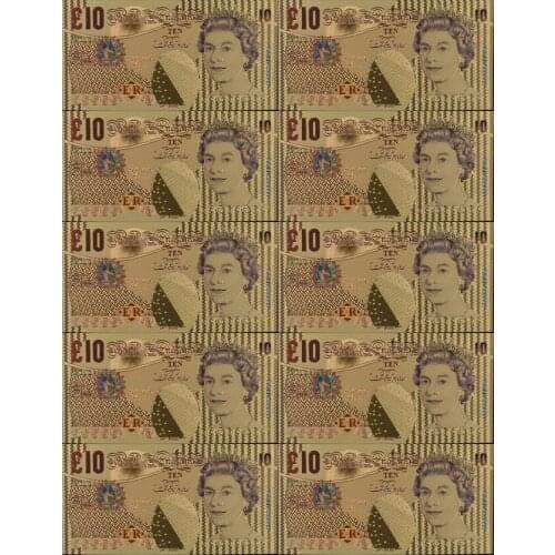 10pcs/lot United Kingdom 10 Pound Colorful Gold Foil Banknote 24k Gold Plated Banknote Worth Collecting
