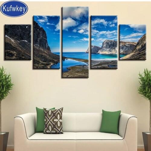 Diamond embroidery 5 Pieces Mountain Sea Water And Blue Sky White Cloud Scenery 5D DIY Diamond Painting Cross Stitch