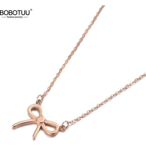 BOBOTUU Fashion Bowknot CZ Crystals Pendant Necklaces For Girl Rose Gold Titanium Stainless Steel Charm Necklace Jewelry BN19133