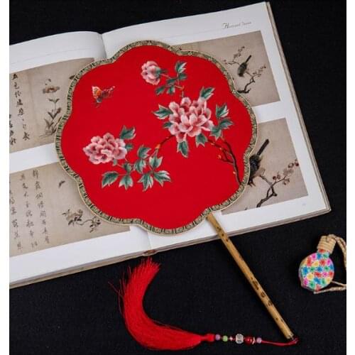 Antique Personalized Large Round Chinese Silk Hand Fan Handle Double Embroidery Different Patterns Wedding Costume Dance Show