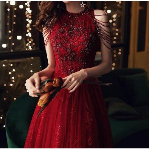Burgundy Evening Dresses Halter Sequins Beading Tassel Sleeve Sexy A-line Appliques Bling Formal Banquet Prom Party Gowns New