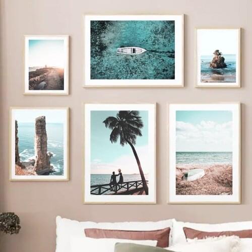 Seagull Ocean Beach Palm Boat Coastline Wall Art Canvas Painting Nordic Posters And Prints Wall Pictures For Living Room Decor