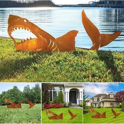 2D Shark Figure Yard Stake Decorative Ground Decor for Garden Marine Organism Metal Statue Peg Shark Jumping out of Lawn C1