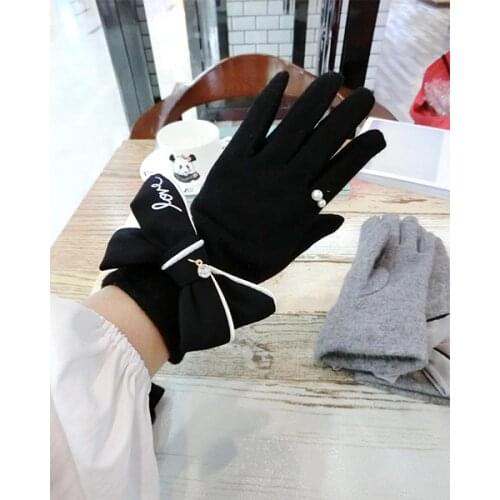 Xiaoxiangfeng Bowknot Love Cashmere Rabbit Fur Gloves Korean Version of High-End Temperament Winter Finger Touch Screen Gloves