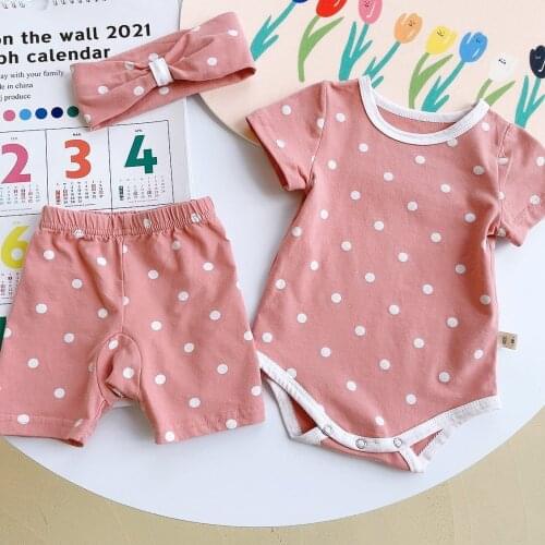 Koodykids Summer Baby Girls Clothes Set 3PCS Polka Dot Rompers Shorts Headband 3PCS Toddlers Girls Bodysuits Shorts Clothing Set