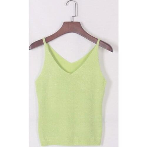 2019 New Summer Bright Silk Knit Camisole Womens Slim Sleeveless V-neck Shirt Solid Color Bottoming Shirt One Size