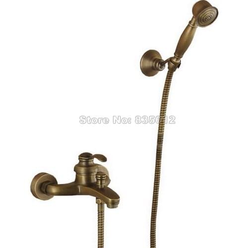 Wall Mounted Antique Brass Bathroom Single Handle Bathtub Shower Faucet + Hand Spray Wrs015
