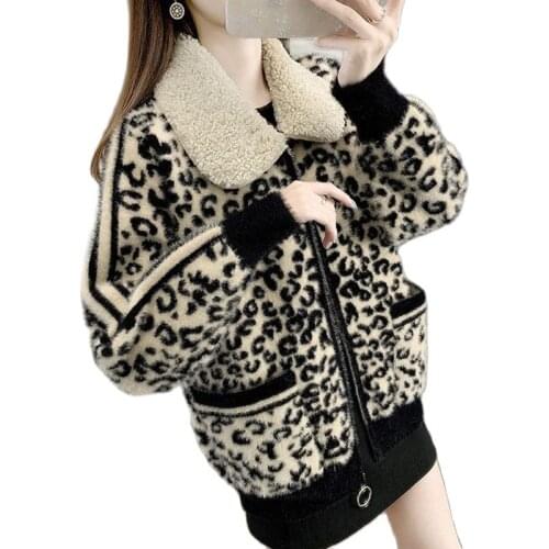 Autumn Winter New Imitate Mink Fleece Womens Coat Leopard All-Match Baseball Clothes Thicken Sweater Cardigan Ladies Jacket
