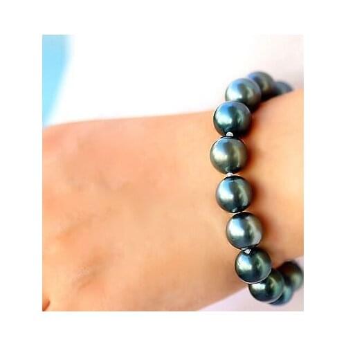 Charming 7.5"9-10mm natutal tahitian genuine black round pearl bracelet