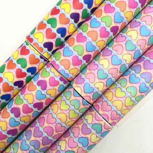 Onefly Wholesales Dropshipping Leather Supplier Rainbow Hearts Printed Synthetic Faux Leather Fabric Sheets For Bow DIY FZ105