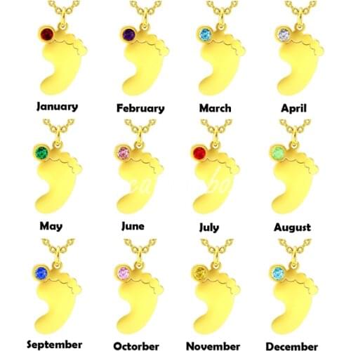 Personalized Birthstone Gold Tone Name Text Engraving Stainless Steel Baby Foot Charm Pendant Necklace