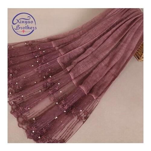 Luxury women floral lace beads scarf bandhnu cotton muslim hijab wraps pearl headband carves/scarf 11 color 180*85cm