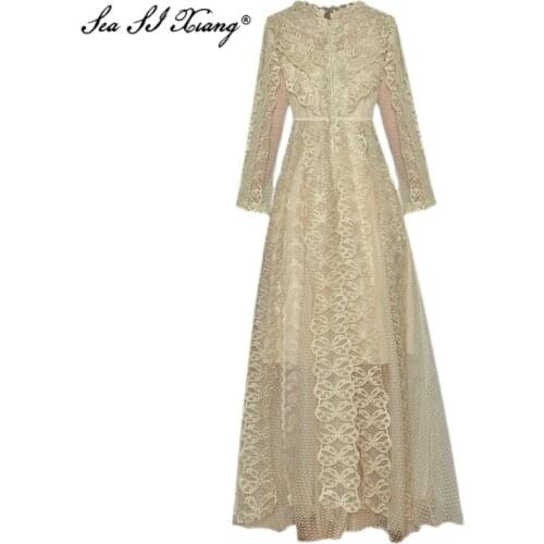 Seasixiang Fashion Designer Spring Dress Womens V-neck Wrist Sleeve Mesh Embroidery Ankle-Length Party Dresses