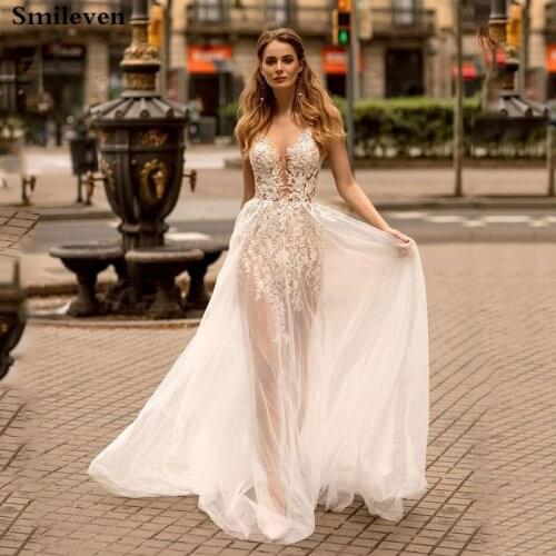 Smileven Boho Wedding Dress Sexy Lace A Line Bride Dresses Appliqued Wedding Gowns See Through Vestido De noiva