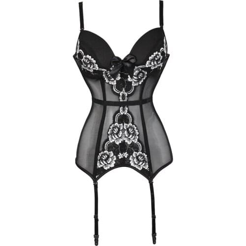 Sexy Womens Black Lingerie Bra Design Fashion Bustier Boned Corset Sexy Girdle Waist Floral Sleepwear Lingerie with Garter