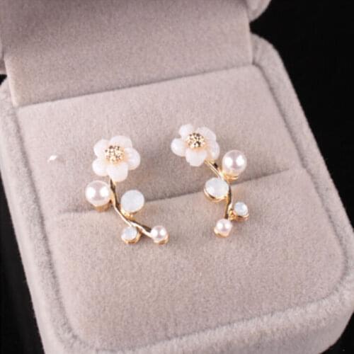 Rinhoo Gold/Silver Color Shell Flower Pearl Crystal Branch Stud Earrings For Womens Fashion Exquisite Jewelry Gift